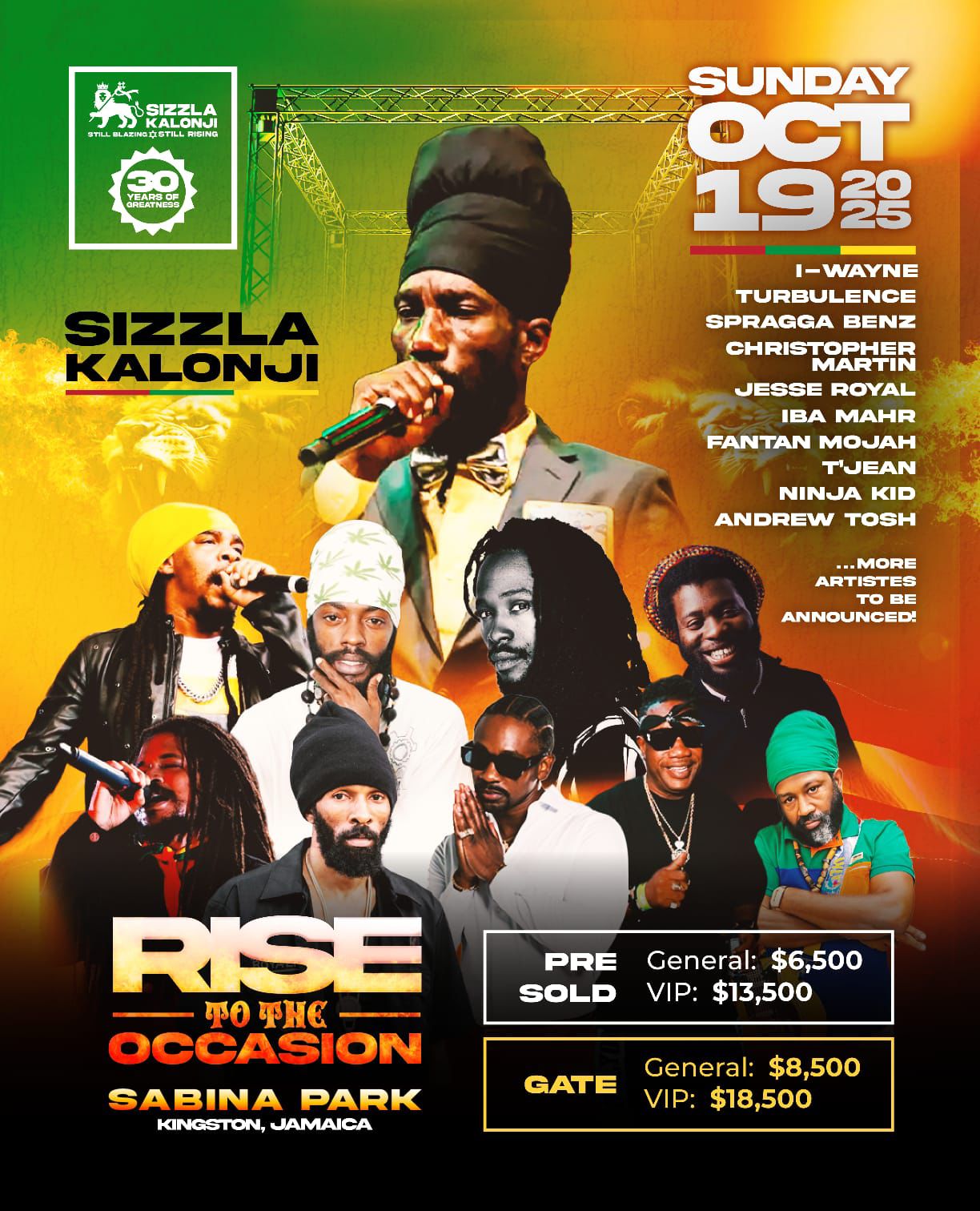 Sizzla Kalonji 30 Year Celebration event poster featuring concert details and artwork